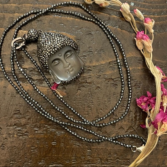 Glass Buddha pendant necklace with in pyrite/ Hematite beads. 32 inches long. - Picture 8 of 10